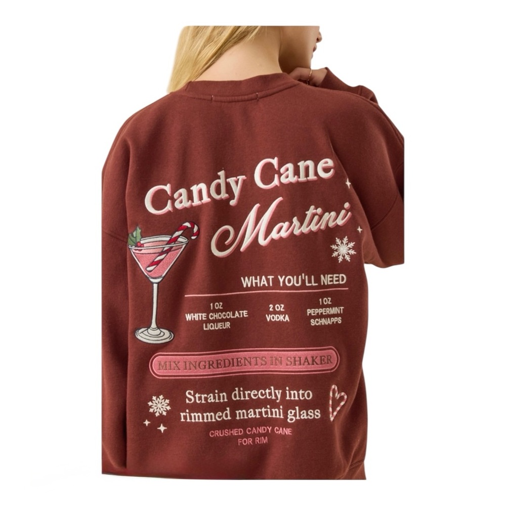 Altar’d State NWT Candycane Martini RumBrown Sweatshirt with Cocktail Embroidery